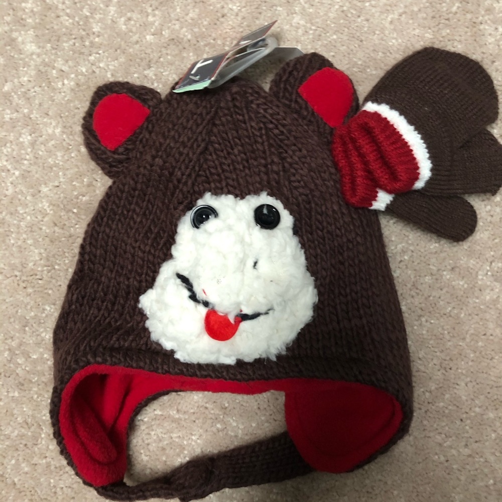 New Infant Monkey Fleece Lined Hat&Mitten Set